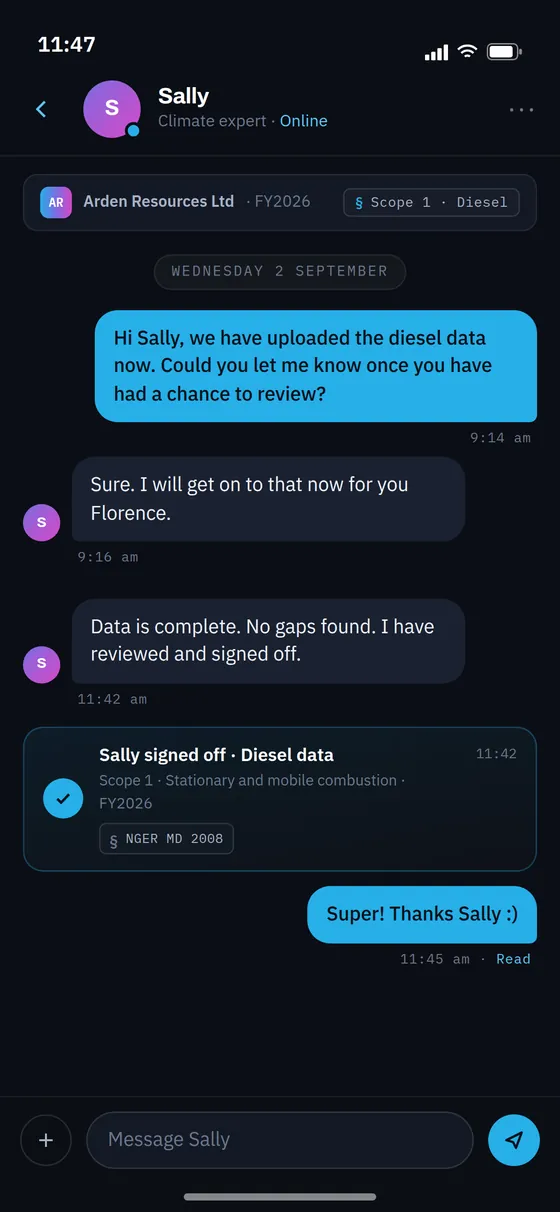 Mobile chat with a climate expert confirming diesel data has been reviewed and signed off