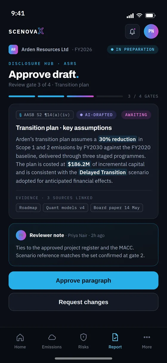Mobile Approve draft screen: review gate 3 of 4 with an AI-drafted transition plan paragraph, statute chip, linked evidence, reviewer note and approve or request changes buttons
